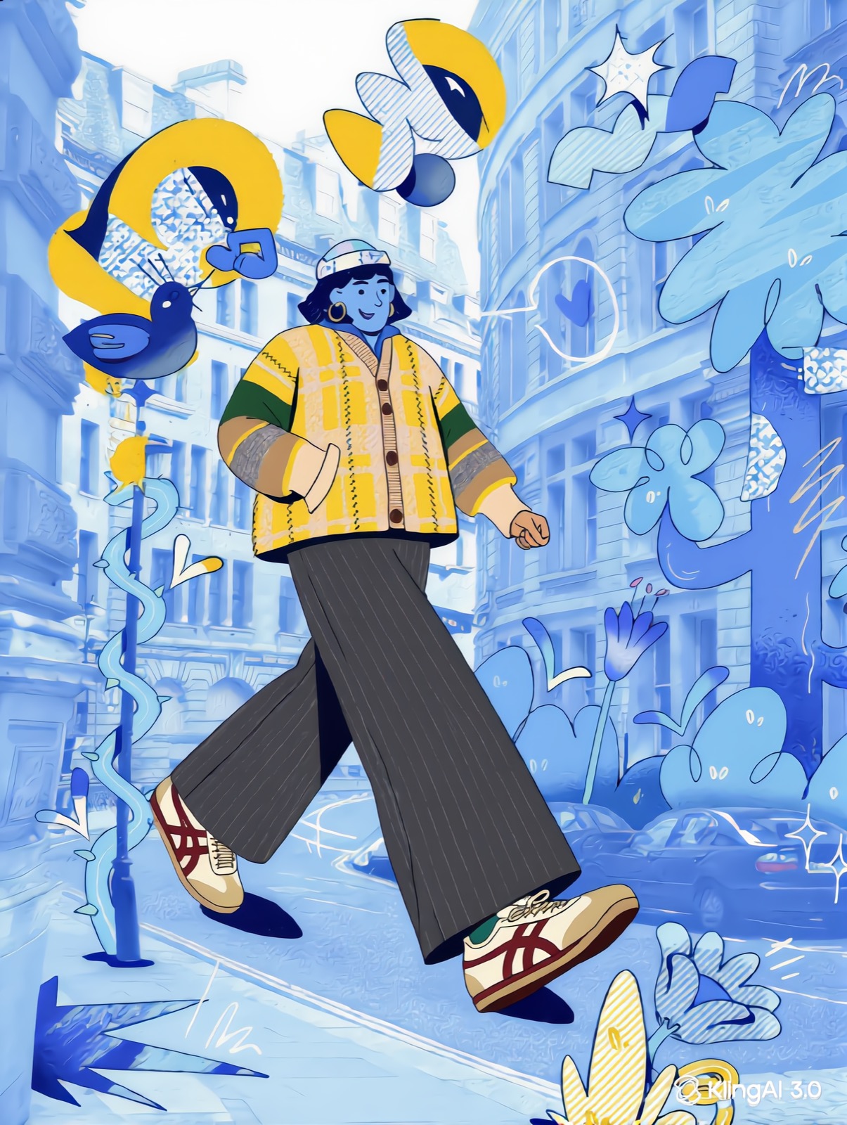 Illustrated figure walking through a blue city with floating shapes and yellow accents.