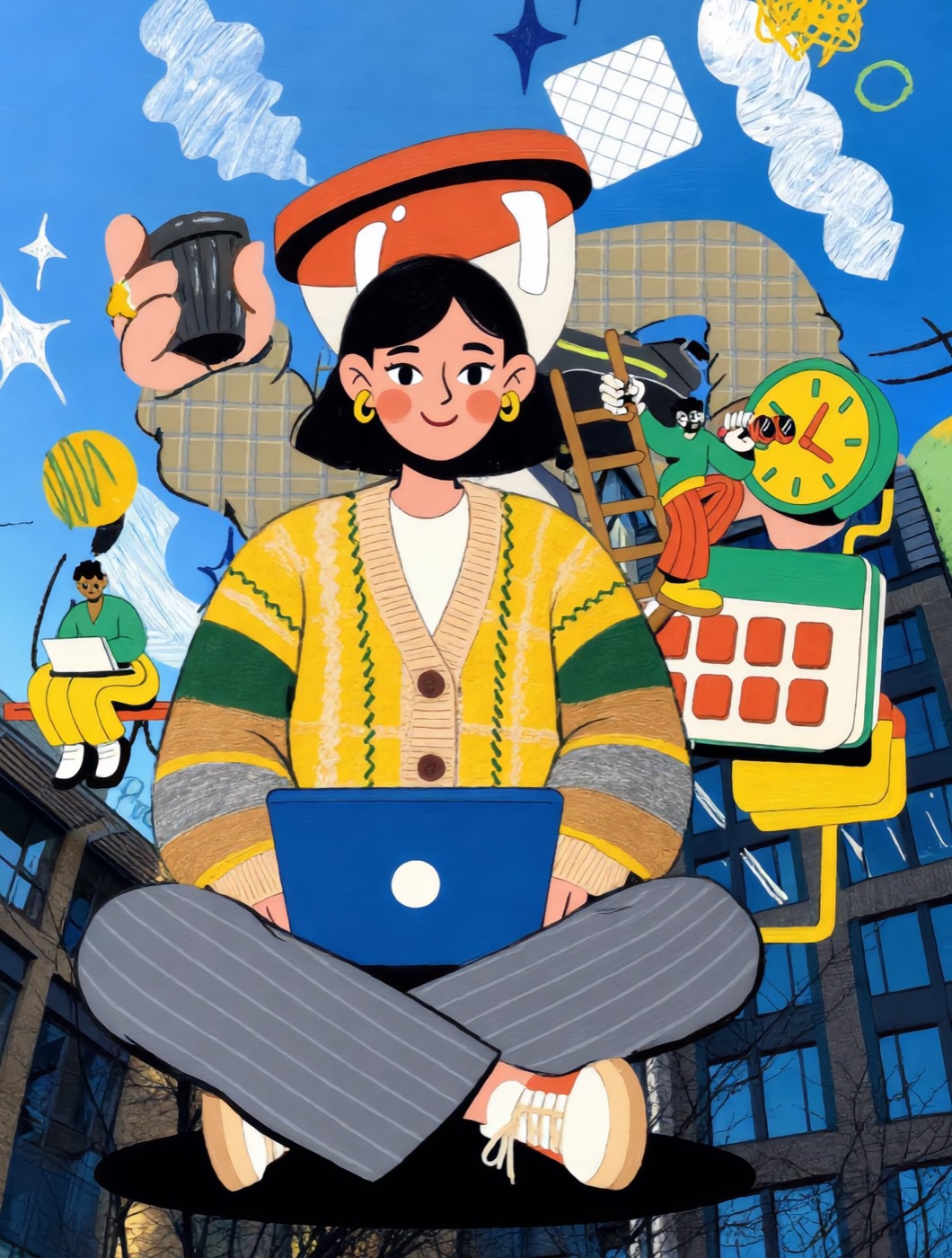 Illustration of Ektha working on a laptop surrounded by strategic and creative elements.