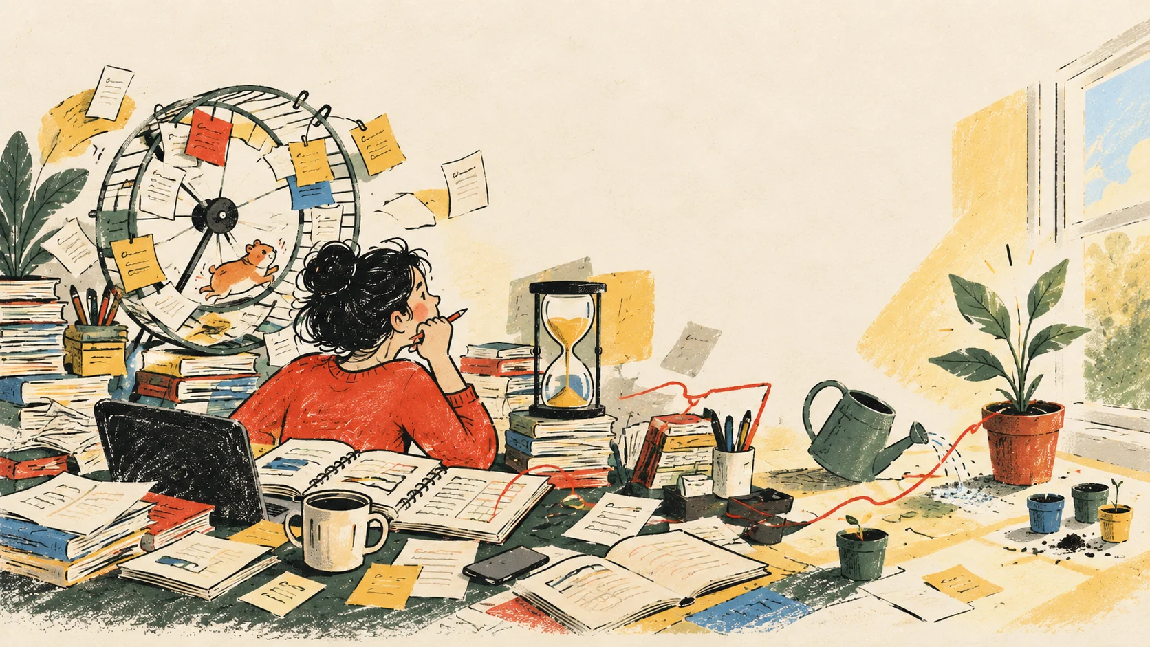 A hand-drawn scene of a marketer surrounded by a busy desk and tasks, with a calmer workspace beyond.
